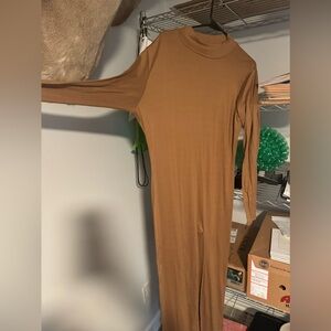 Brown turtleneck long sleeve dress with slit